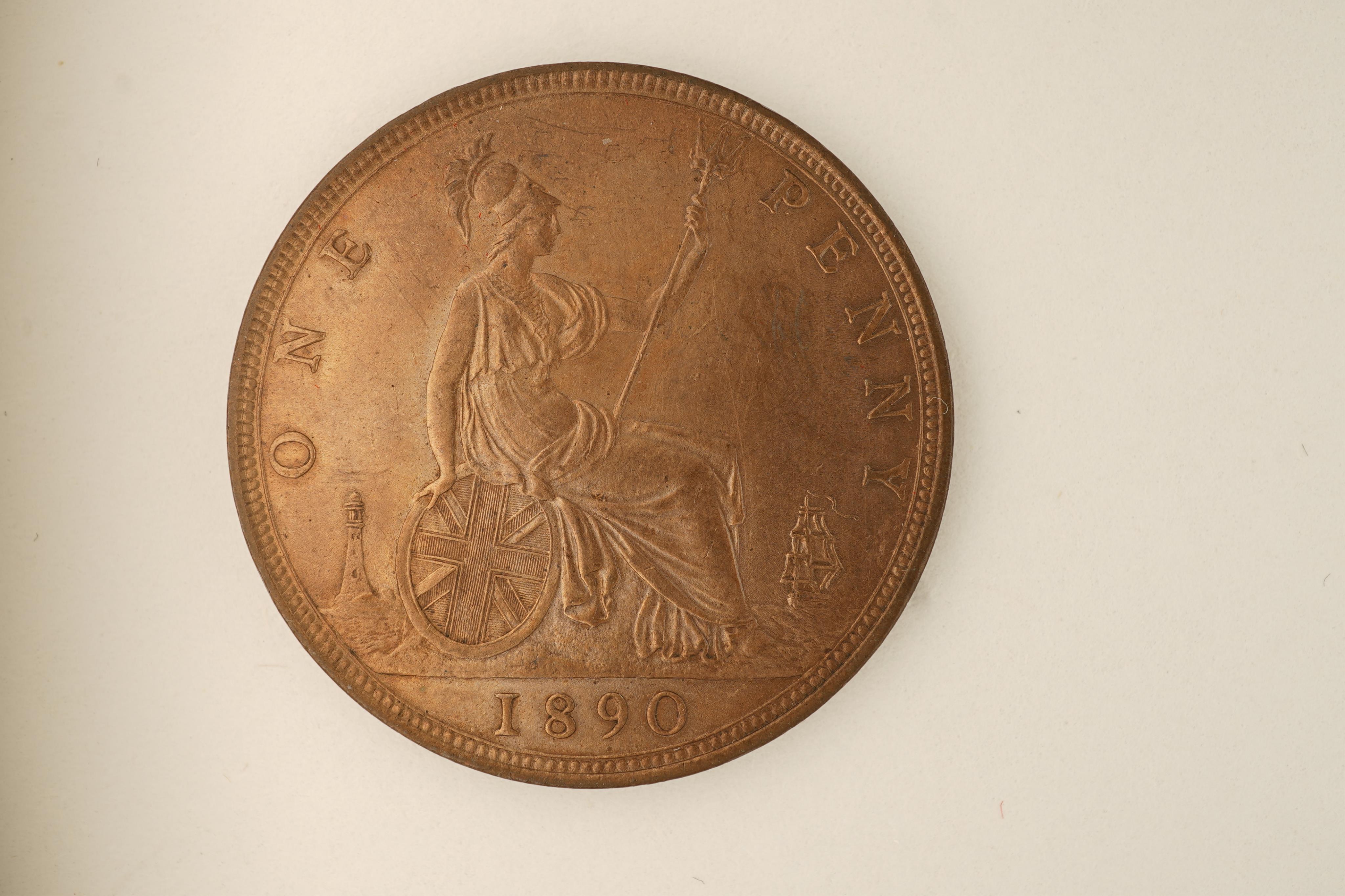 British coins, Victoria, three bronze pennies;, 1888, Fr. 126, Gouby dies R/r, about UNC, toning and lustre, 1889, Fr. 127, Gouby dies R/r, good EF, patches of toning and lustre, 1890, Fr. 130, Gouby dies R/r, proof-like